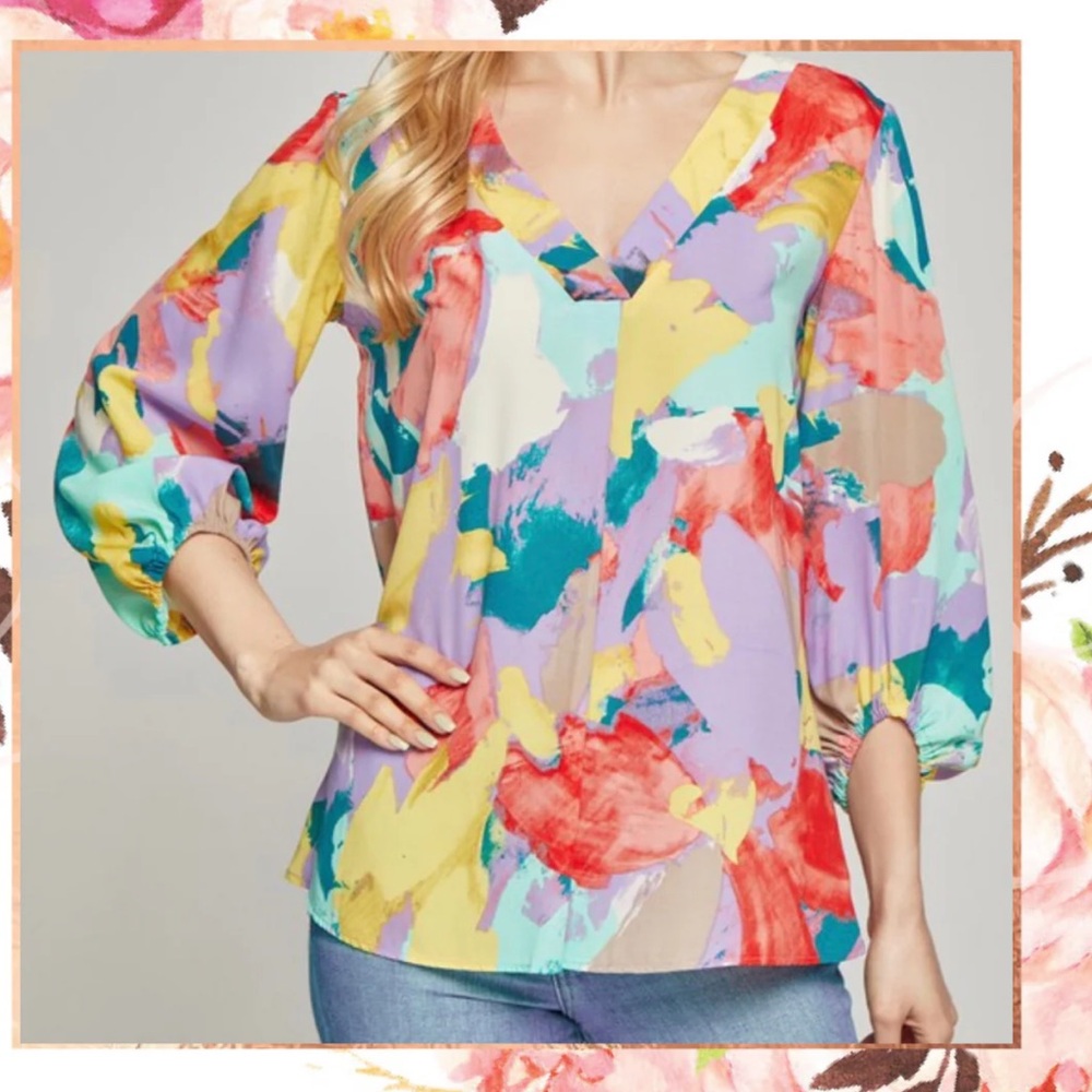 Beeson River Abstract Print V-Neck Blouse Small Colorful Balloon Sleeve